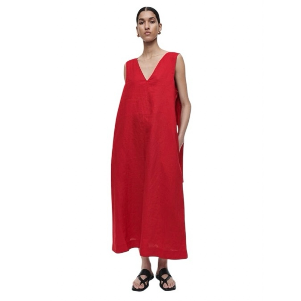 COS Red Bow-Detail Linen V-Neck Sleeveless Midi Dress, Size 2, NWT